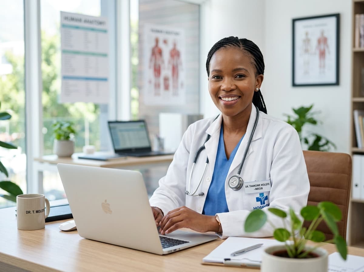 Chekup247 doctor consulting with a laptop in a modern clinic